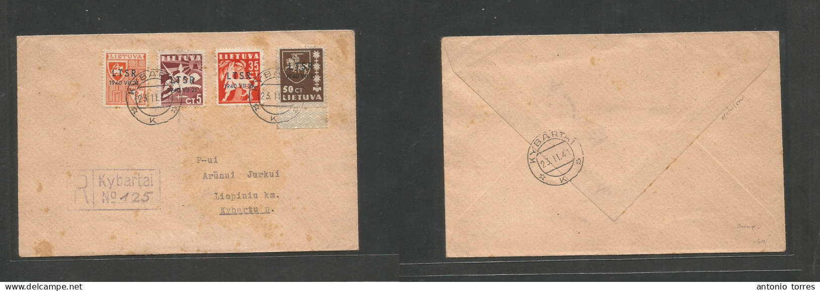 Lithuania. 1941 (23 Febr) Kyhartai Local Registered Multifkd Envelope. LTSR 1 July 40 Ovptd Arrival Cds. Scarce On Cover - Lituania
