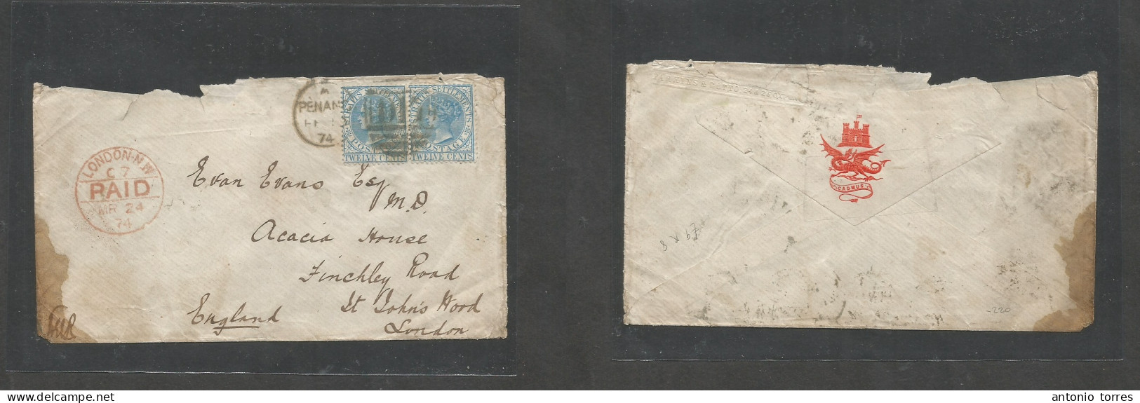 Malaysia. 1874 (Feb 19) Straits Settlements, Penang - London, Finchley, UK (24 March) Multifkd Env 12c Blue Pair, Tied D - Malaysia (1964-...)