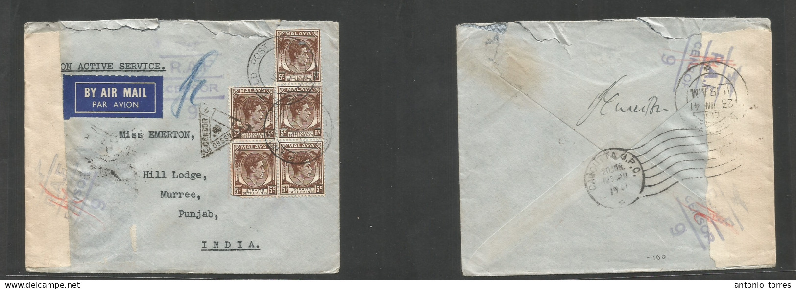 Malaysia. 1941 (16 Jan) Field Post Office. OAS - India, Punjab (20 June) Multifkd Env At 25c Rate, RAF Censor Label + Ca - Malaysia (1964-...)