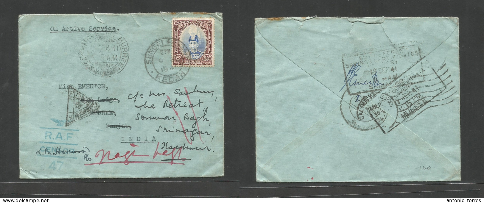 Malaysia. 1941 (9 Sept) Kedah. Sungel Patani - India, Punjab, Fwded Kashmir (17-19 Sept) OAS Single 25c Air Fkd Env, RAF - Malaysia (1964-...)