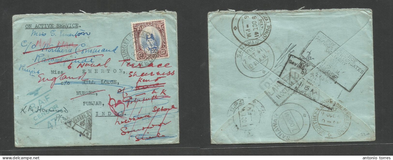 Malaysia. 1941 (27 Sept) Kedah. Sungei Patani - India, Punjab, Fwded Sanawar, Over OAS Single 25c Tied Cds Fkd Env, Dual - Maleisië (1964-...)