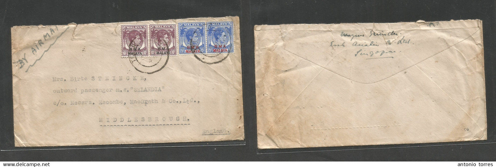 Malaysia. 1945 (6 Oct) BMA. Teluk Anson - England, Middleborough. Air Multifkd Env At 50c Rate, Cds. Fine. - Malaysia (1964-...)
