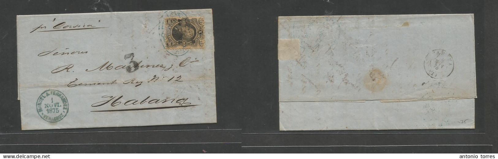 Mexico. 1875 (1 Nov) Veracruz - Cuba, Habana (6 Nov) EL With Text Fkd 10c Black Distr Name, 50-75 Oval Blue Ds + "3" Spa - Mexique