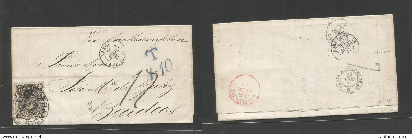Mexico. 1877 (31 March) Veracruz - France, Bordeaux (30 April) EL With Text Fkd 10c Black, Distr Name, 50-77, Tied Cds + - Messico