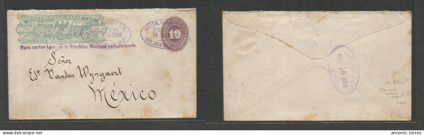 Mexico - Stationery. 1886 (14 Aug) Wells Fago, San Juan Del Rio. DF (15 Aug) 10c Lilac Large Numeral Stat Illustr Env, O - Mexique
