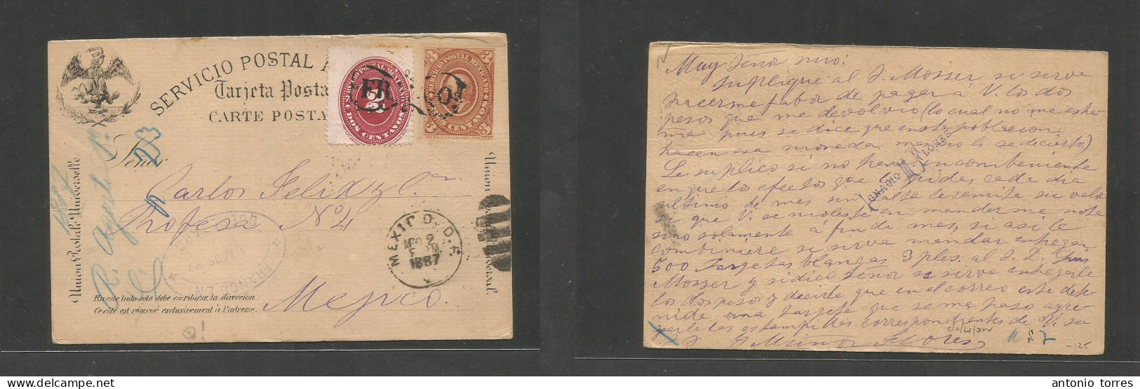 Mexico - Stationery. 1887 (1 Aug) Queretaro - DF (2 Aug) 3c Brown Medalion Stat Card + 2c Red Numeral Adtl, Tied Smashin - Mexico