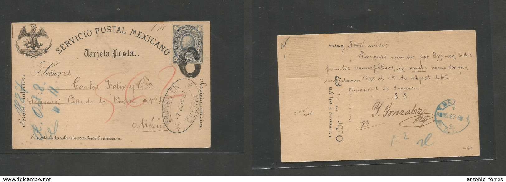 Mexico. 1887 (7 Oct) Celaya - DR (8 Oct) 5c Blue Medalion Stat Card "C" Figurative Cachet + Oval Blue Ds Depart Alongsid - Mexico