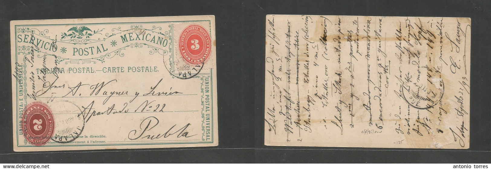Mexico - Stationery. 1893 (22 Aug) Jalapa - Puebla. SPM 3c Vermelion Large Numeral Stat Card + 3c Red Adtl Inverted Prin - Mexiko