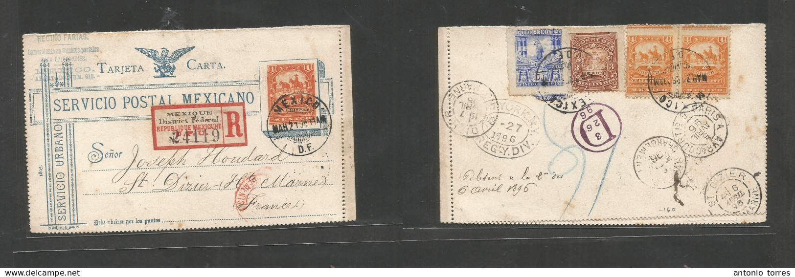 Mexico. 1895 (21 March) DF - France, St. Dizier (6 April) Military Issue 4c Stat Lettersheet + 4 Adtls, Reverse At 20c R - Messico