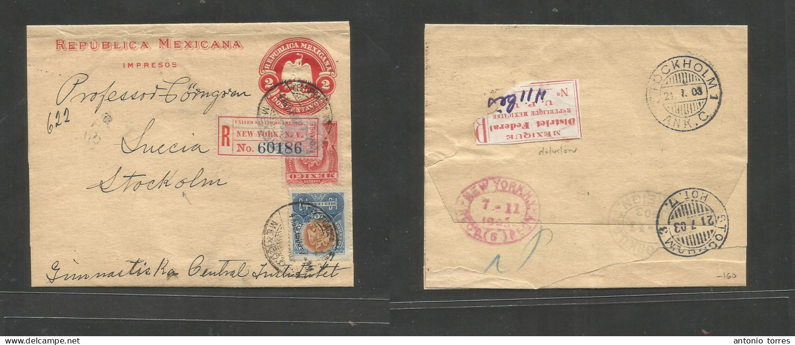 Mexico - Stationery. 1903 (4 Aug) DF - Sweden, Stockholm (21 July 03) Via NYC. Registered 2c Red Complete Stat Wrapper + - Mexique