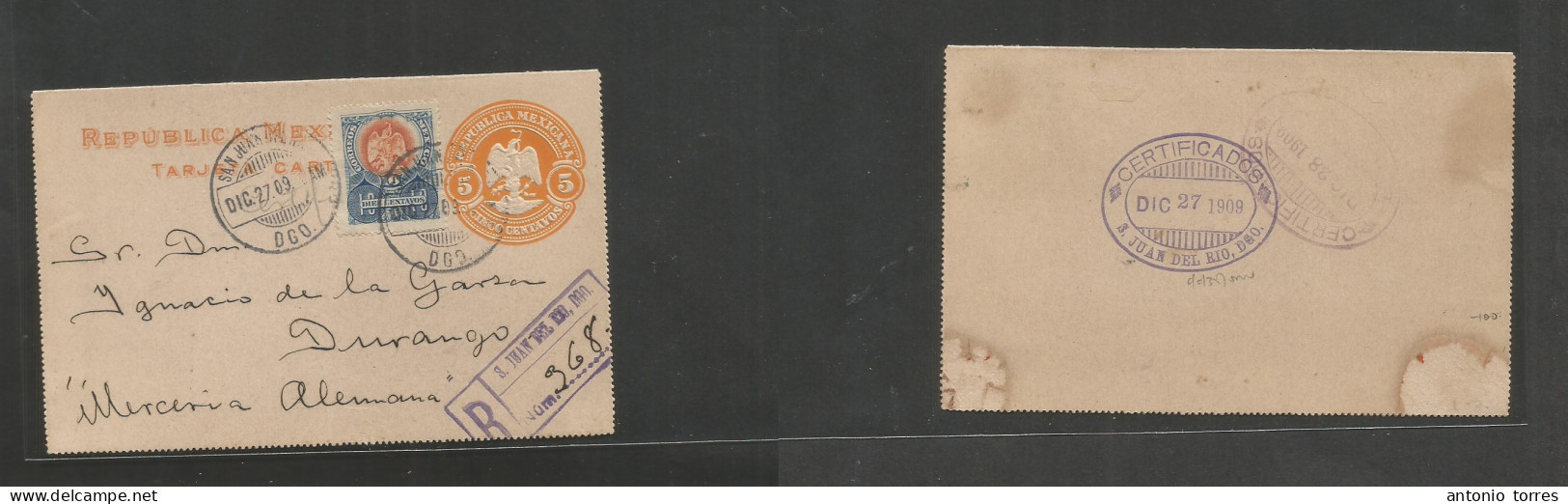 Mexico - Stationery. 1909 (27 Dic) San Juan Del Rio - Durango (28 Dic) Registered 5c Orange Stat Lettersheet + 10c Adtl, - Mexico