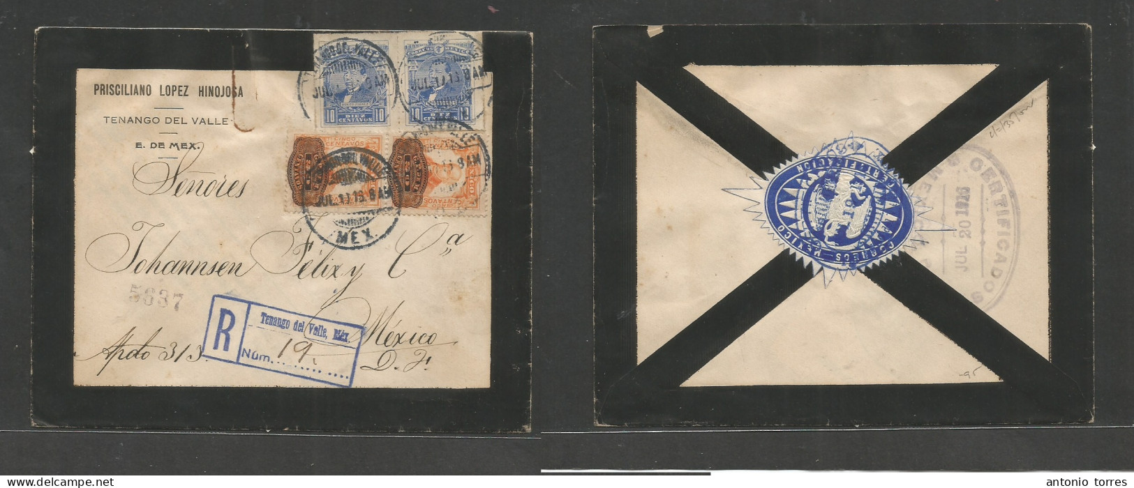 Mexico - Xx. 1916 (July 10) Tenango Del Valle, Mex - DF. Registered Multifkd Env, Mixed Issues Incl Ovptd, + R-cachet. F - Mexico