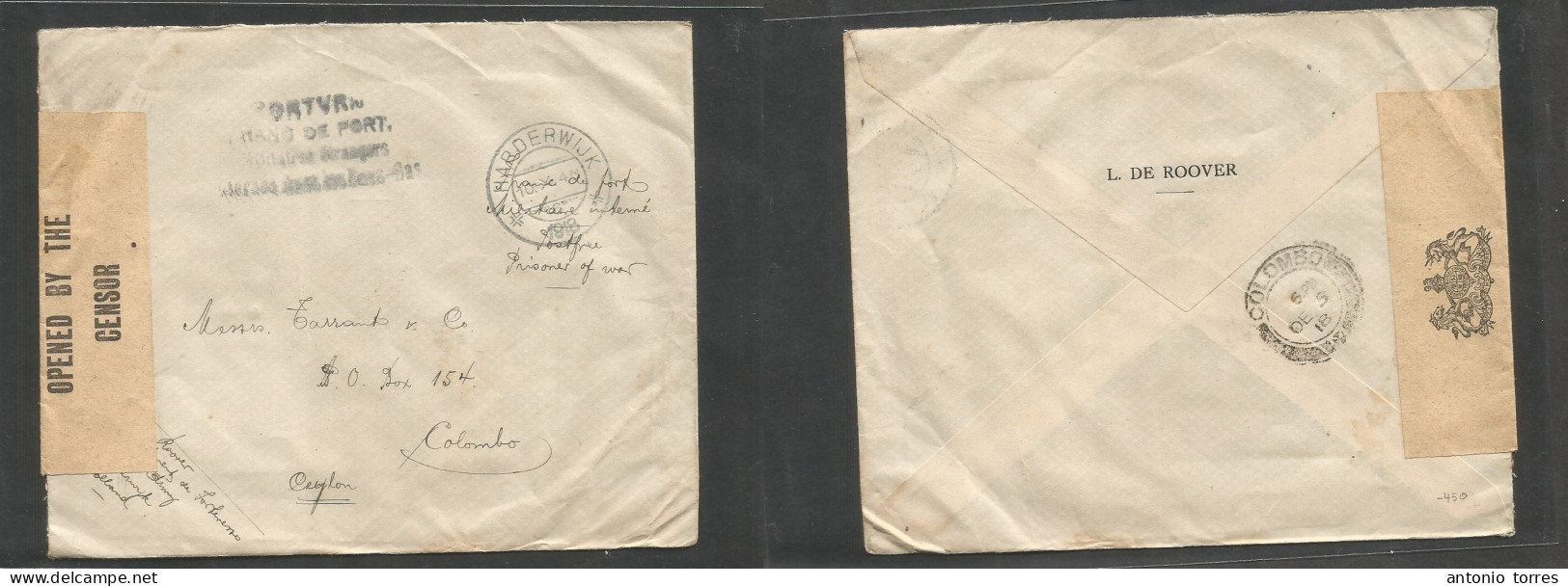 Military Mail. 1918 (10 Oct) Netherlands - Belgium - Ceylon. WWI L De Roover. Dutch-Flemish POW. Free Mail + Cachet + Ce - Military Mail (PM)