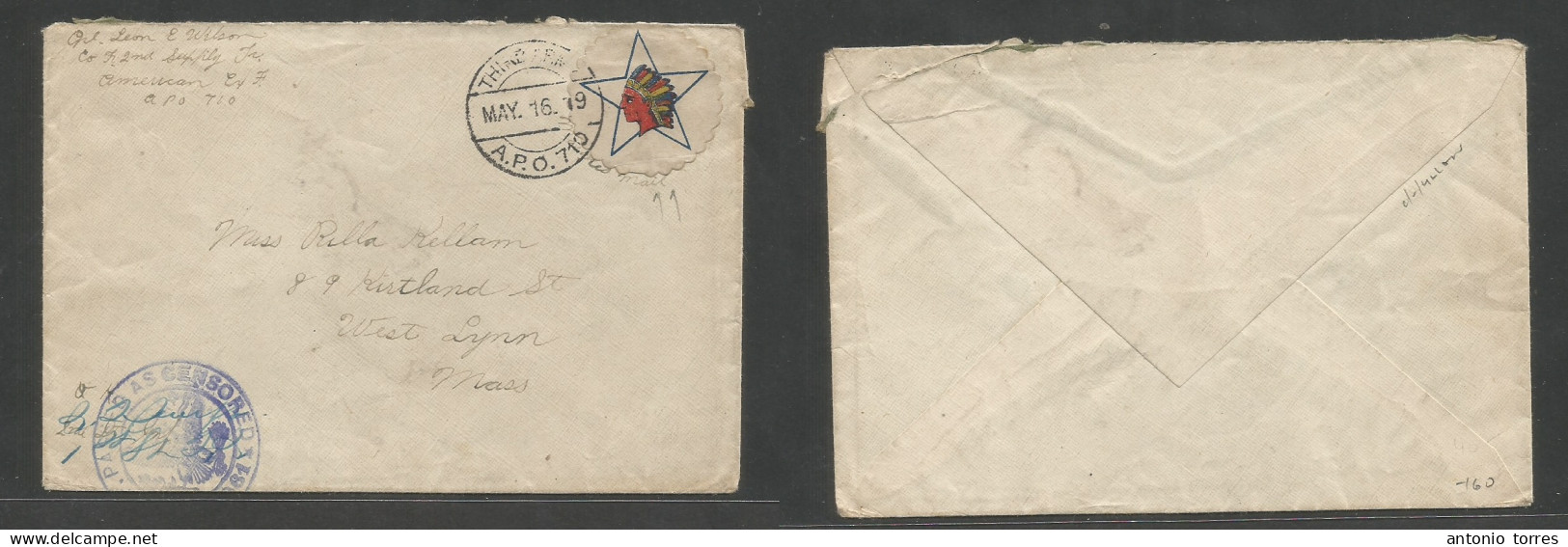 Military Mail. 1919 (16 May) France - USA, WWI. US Forces In France. APO 710 / Third Army. FM Env With Native Indian Col - Militärpost (MP)