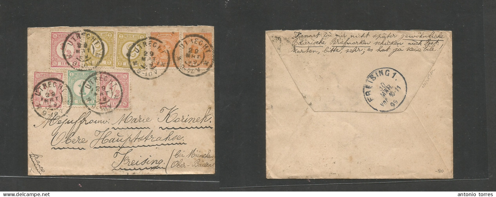 Netherlands. 1899 (29 March) Utrecht - Freising, Germany (30 March) Multifkd Envelope With 8 Stamps, Tied Cds. Arrival C - Otros & Sin Clasificación