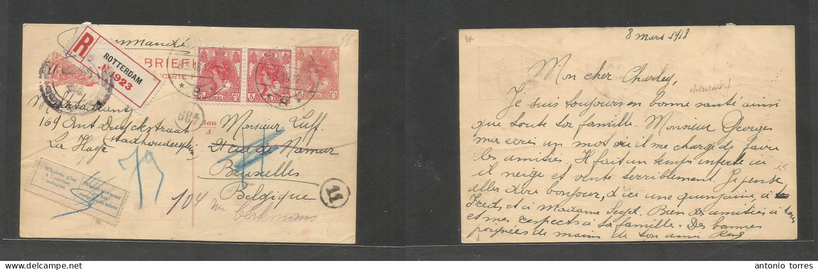 Netherlands - Stationary. 1918 (8 March) Rotterdam - Belgium, Bruxelles. Registered 5c Red Green Stat Card + 2 Adtls At - Andere & Zonder Classificatie