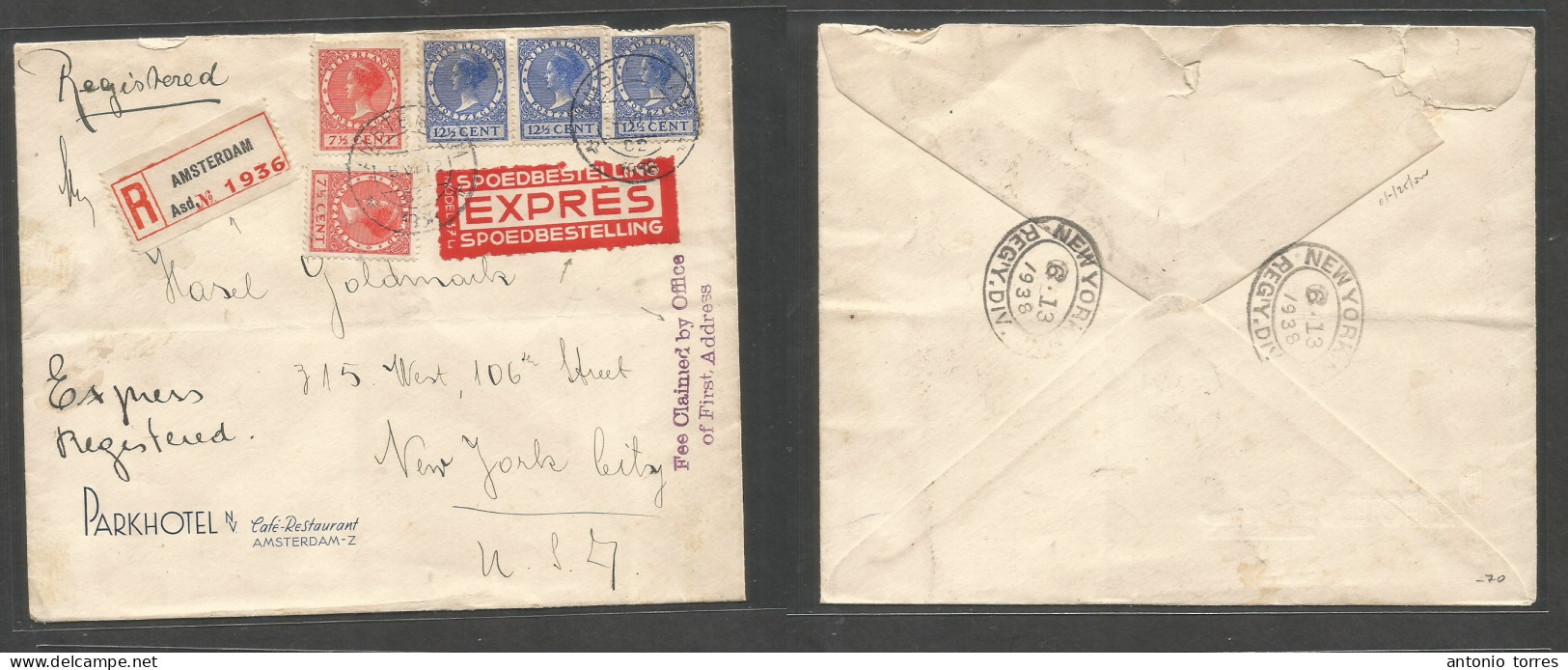 Netherlands. 1938 (5 June) Amsterdan - USA, NYC (13 June) Registered Express Park Hotel Comercial Multifkd Env, Tied Cds - Sonstige & Ohne Zuordnung