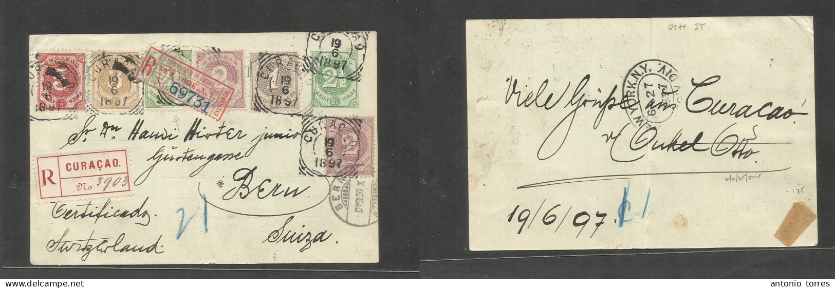 Curaçao. 1897 (19 June) GPO - Switzerland, Bern (8 July) Registered 2 1/2c Green Stat Card + Six Adtls, Tied Cds + R-lab - Curacao, Netherlands Antilles, Aruba