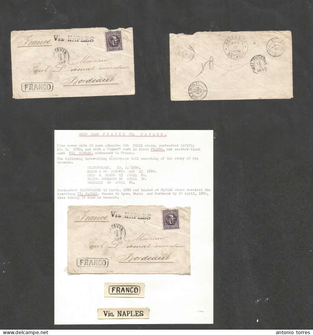 Dutch Indies. 1880 (12 March) Batavia - France, Bordeaux (14 April) 25c Intense Lilac, Tied Dots Fkd Env Boxed Franco + - India Holandeses