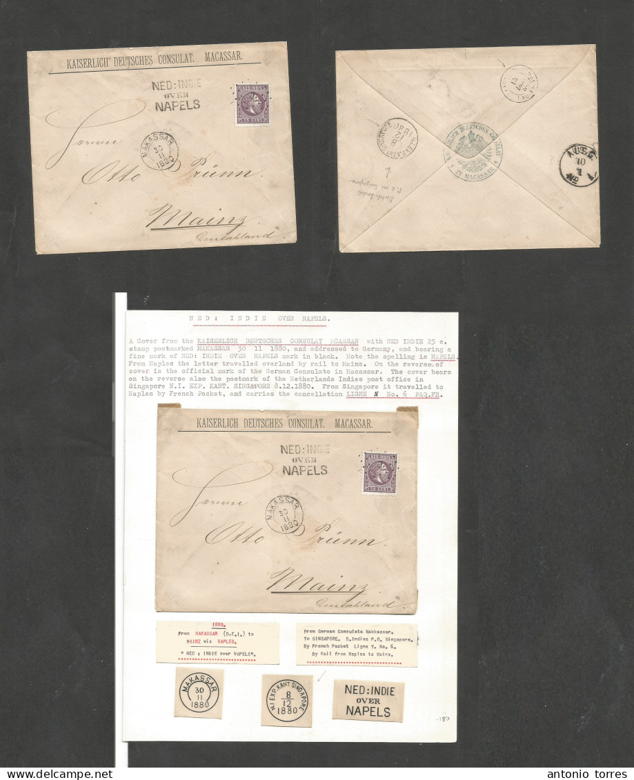 Dutch Indies. 1880 (30 Nov) Makassar - Germany, Mainz (10 Jan 81) Early Fkd Env 25c Lilac Tied "C" Dots Via "Ned Indie / - Indes Néerlandaises