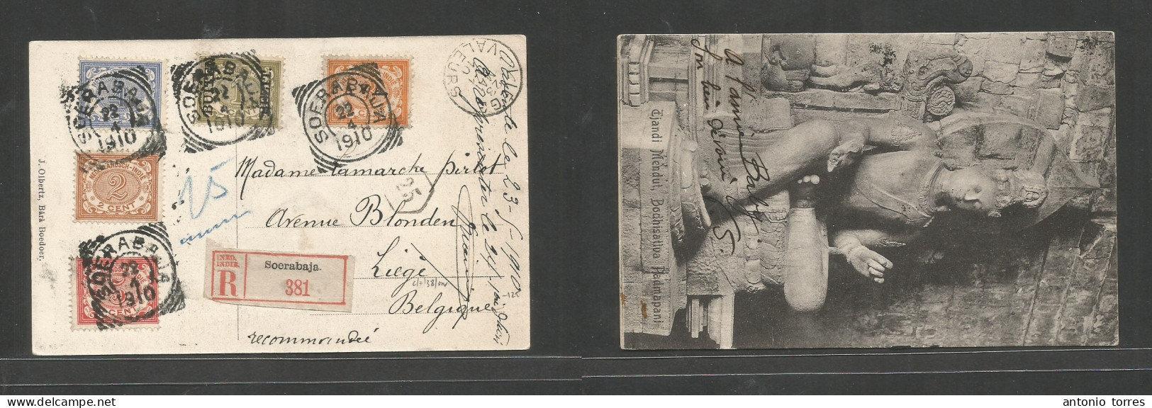 Dutch Indies. 1910 (22 Apr) Soerabaja - Belgium, Liege (23 May) Registered Multifkd Ppp, Tied Cds + R-label Arrival Cds - Netherlands Indies
