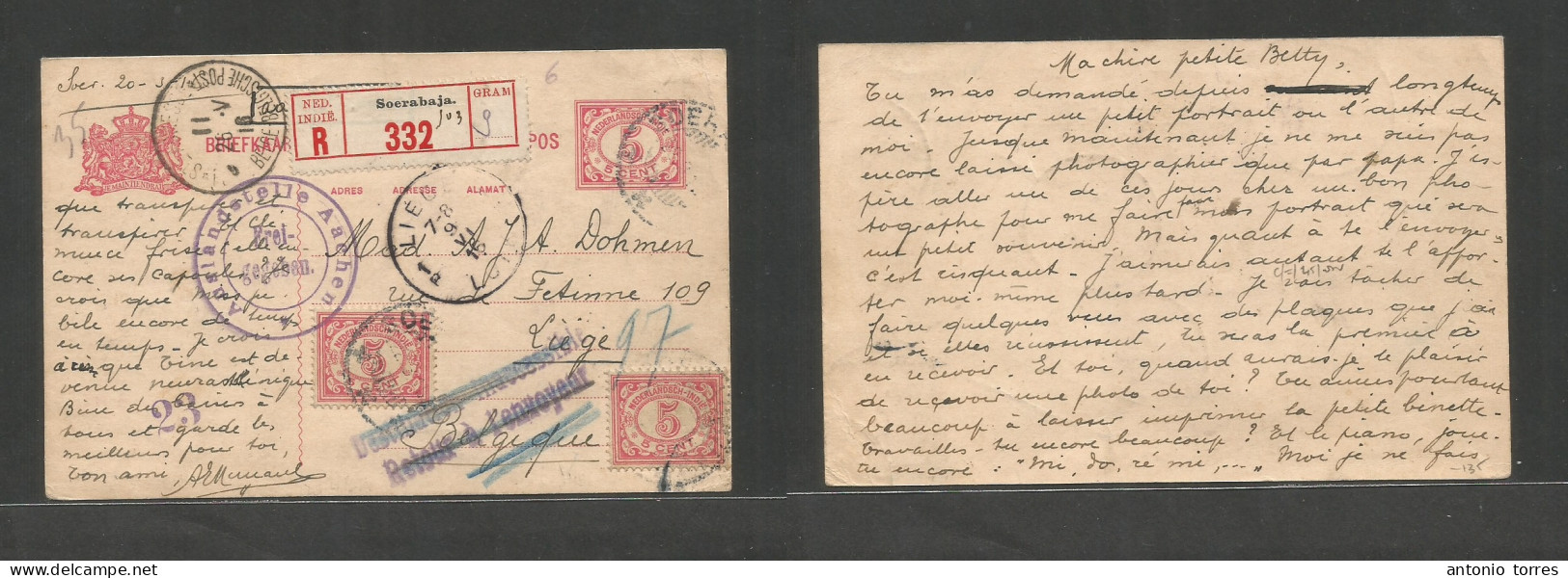 Dutch Indies. 1916 (20 March) WWI. Soerabaja - Belgium, Liege (9 June) Via Belgium Mil Mail. Registered 5c Red Stat Card - Netherlands Indies