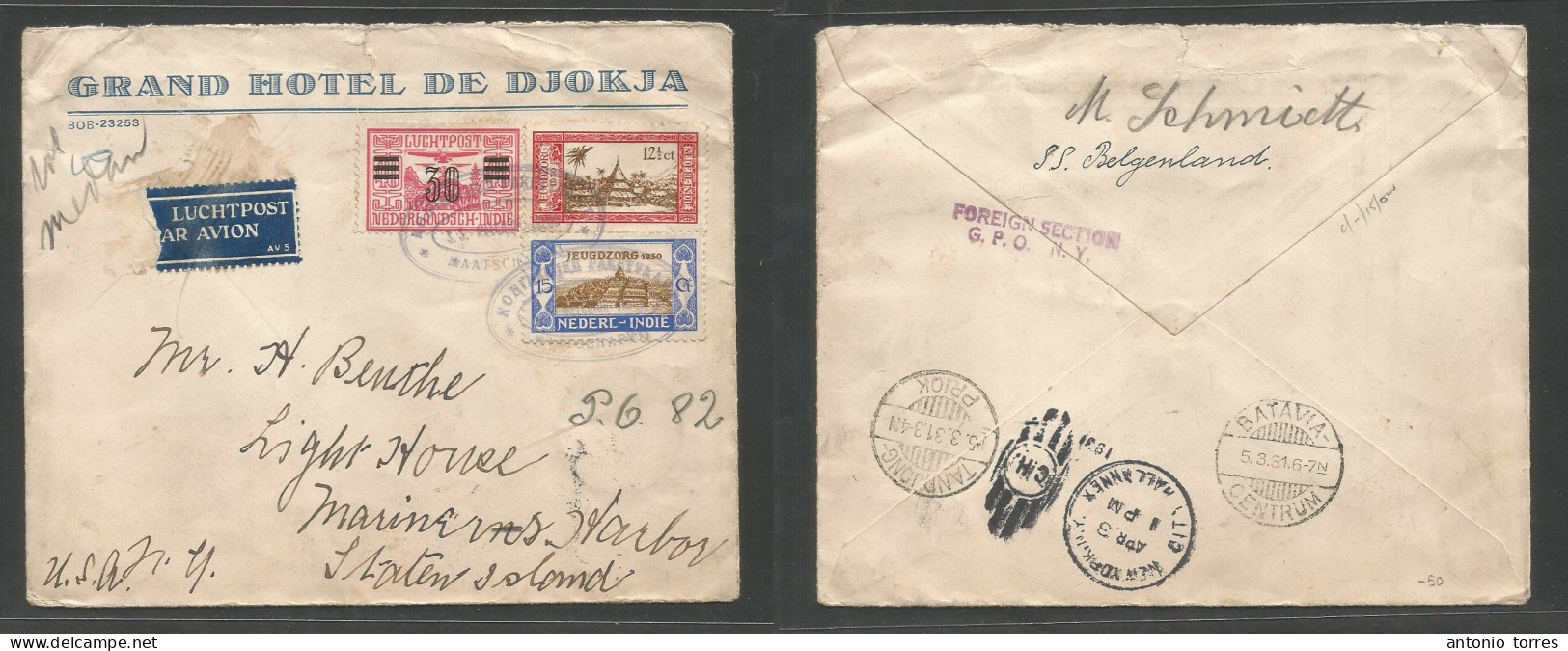 Dutch Indies. 1931 (5 March) Tandjong - USA, Staten Island, Marina Harbour (3 Apr) Via Batavia "Steamer" Dutch Oval Mult - Netherlands Indies