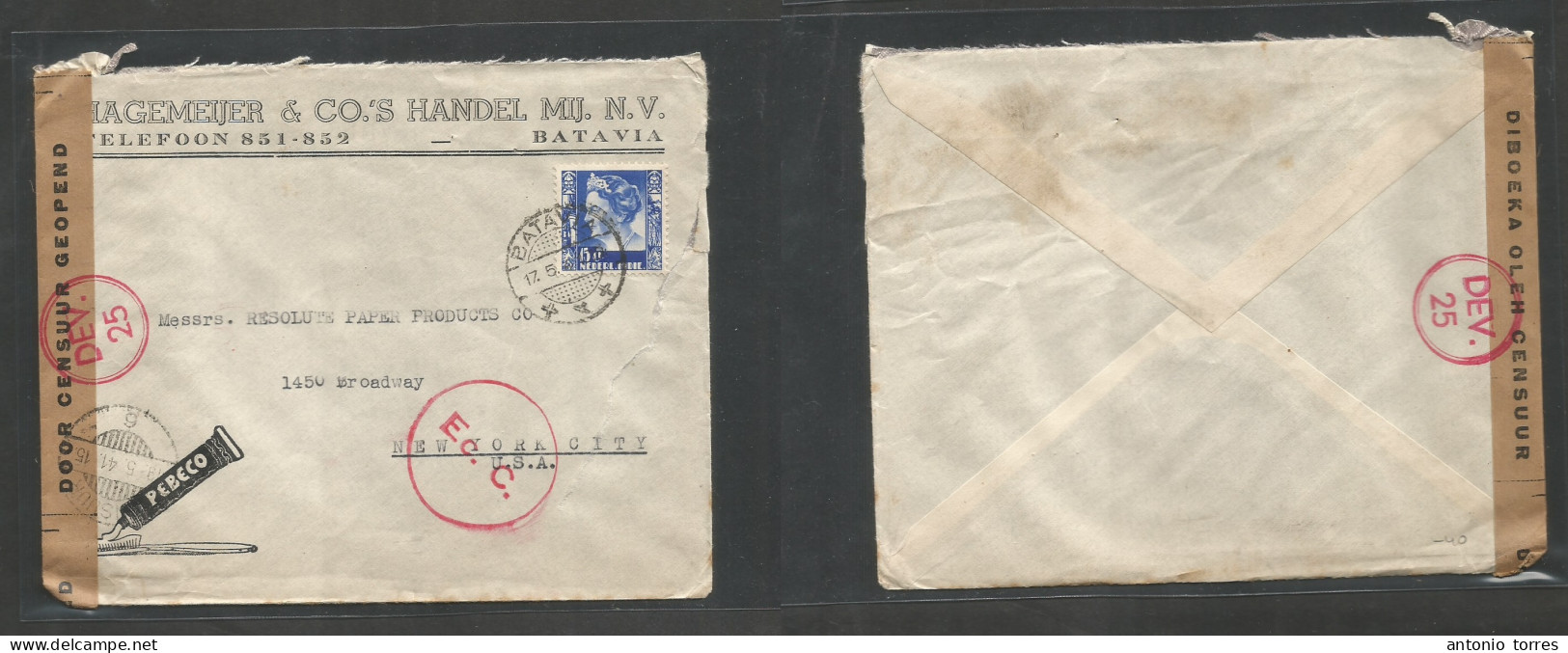 Dutch Indies. 1940 (17 May) WWII Batavia - USA, NYC. Comercial Illustrated Toothpaste Single 15c Blue Sea Mail Rate Cens - Niederländisch-Indien