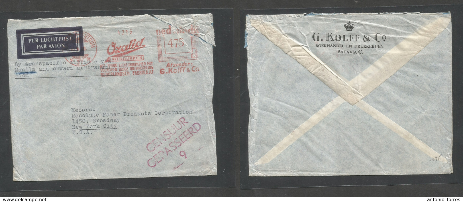 Dutch Indies. 1940 (23 May) Batavia - USA, NYC. Air Machine Comercial Fkd Env. Ozalid Cº Via Manila - Transpacific Clipp - Netherlands Indies