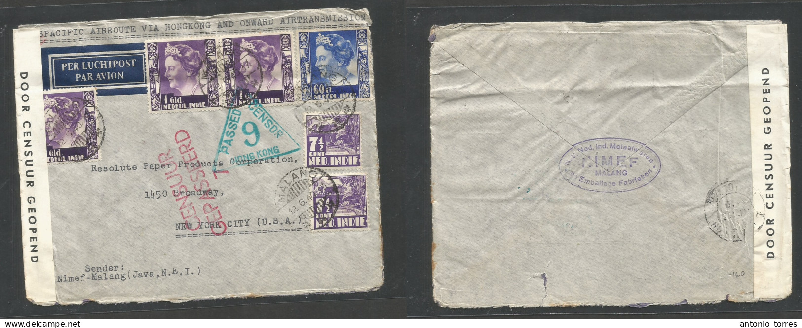 Dutch Indies. 1940 (12 June) Malang, Java - USA, NYC. Air Multifkd Comercial Envelope At 3,75 Gulden Rate. Depart Hong K - Indes Néerlandaises