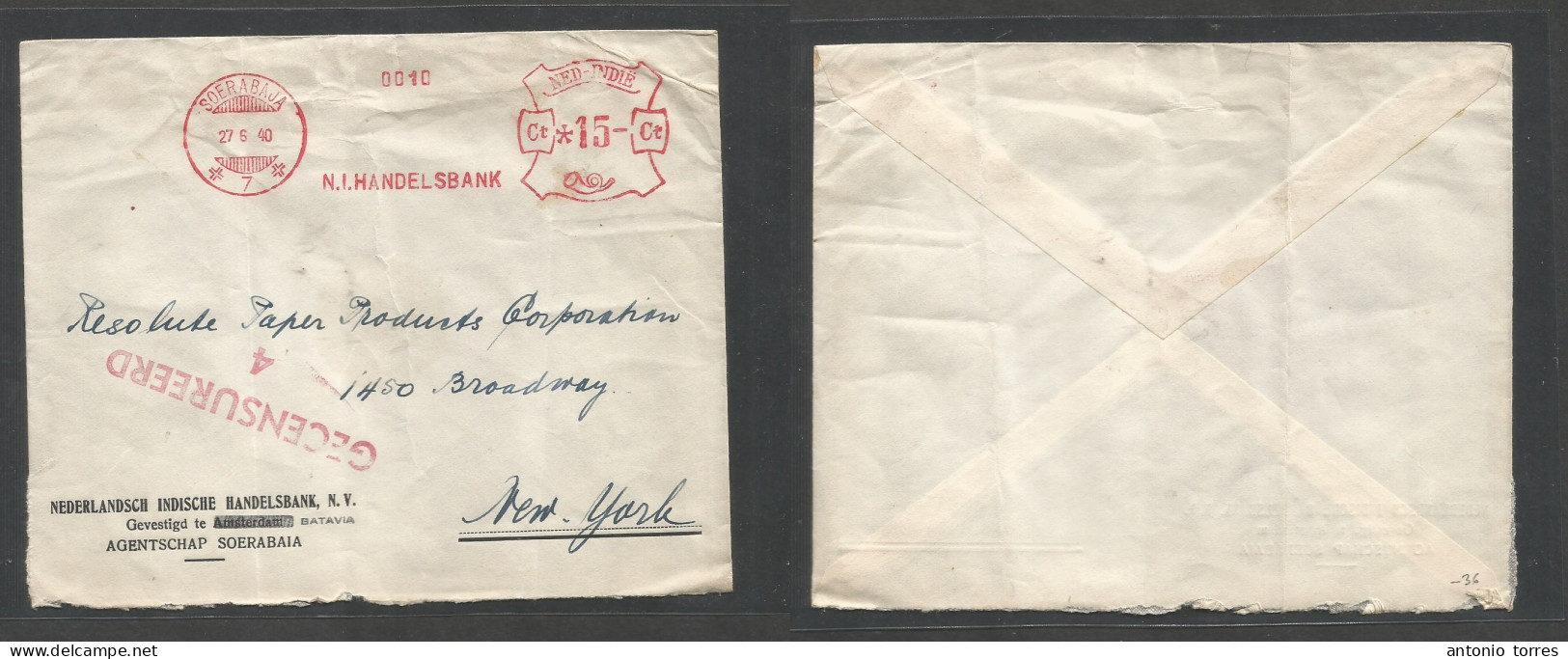 Dutch Indies. 1940 (27 June) Soerabaja - USA, NYC. Comercial Machine Fkd Sea Mail Route Depart Censored Envelope. N.I. H - Netherlands Indies