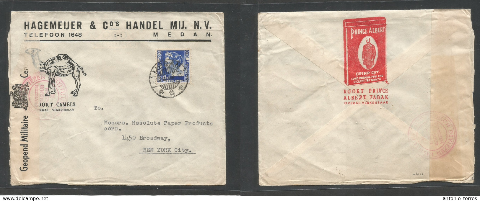 Dutch Indies. 1940 (18 Aug) Medan - USA, NYC. Comercial Cancel Illustrated Front + Reverse Single 50 Blue Fkd Envelope, - Nederlands-Indië