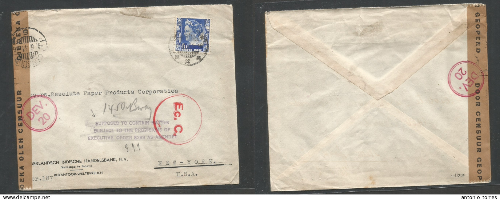 Dutch Indies. 1941 (9 May) Batavia - USA, NYC. Single 15c Fkd Comercial Envelope, Sea Mail Route, Depart Censor + Specia - Netherlands Indies