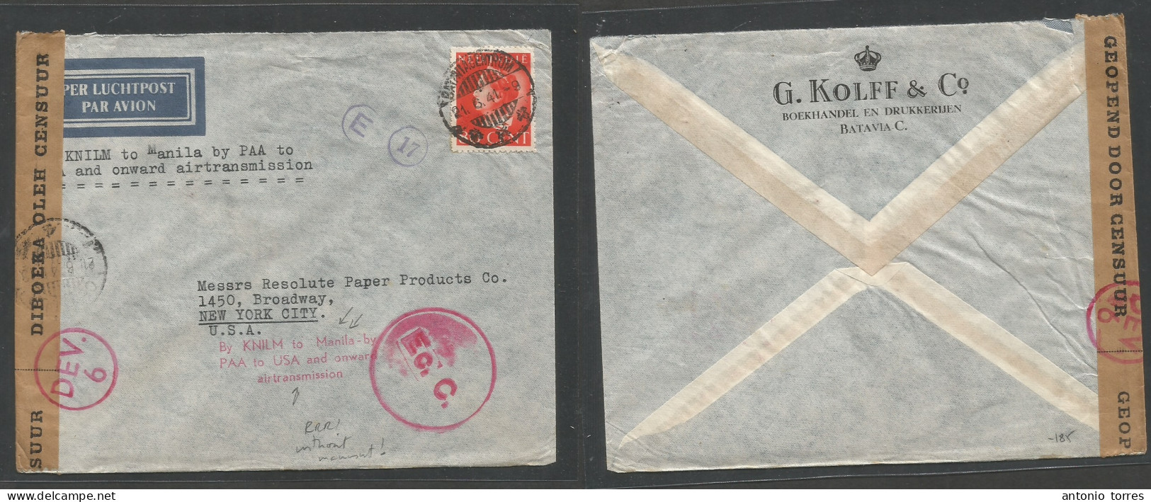 Dutch Indies. 1941 (21 June) Batavia - USA, NYC. Single 80c Red Fkd Air Comercial Envelope, Depart Censored + Route KNIL - Netherlands Indies