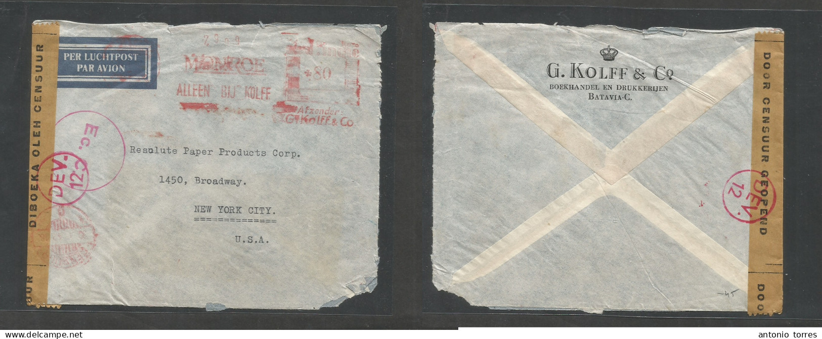 Dutch Indies. 1942 (30 Jan!) Batavia - USA, NYC. Comercial Machine Fkd Air Censored Envelope, Red Censor Cachet + Label. - Indes Néerlandaises
