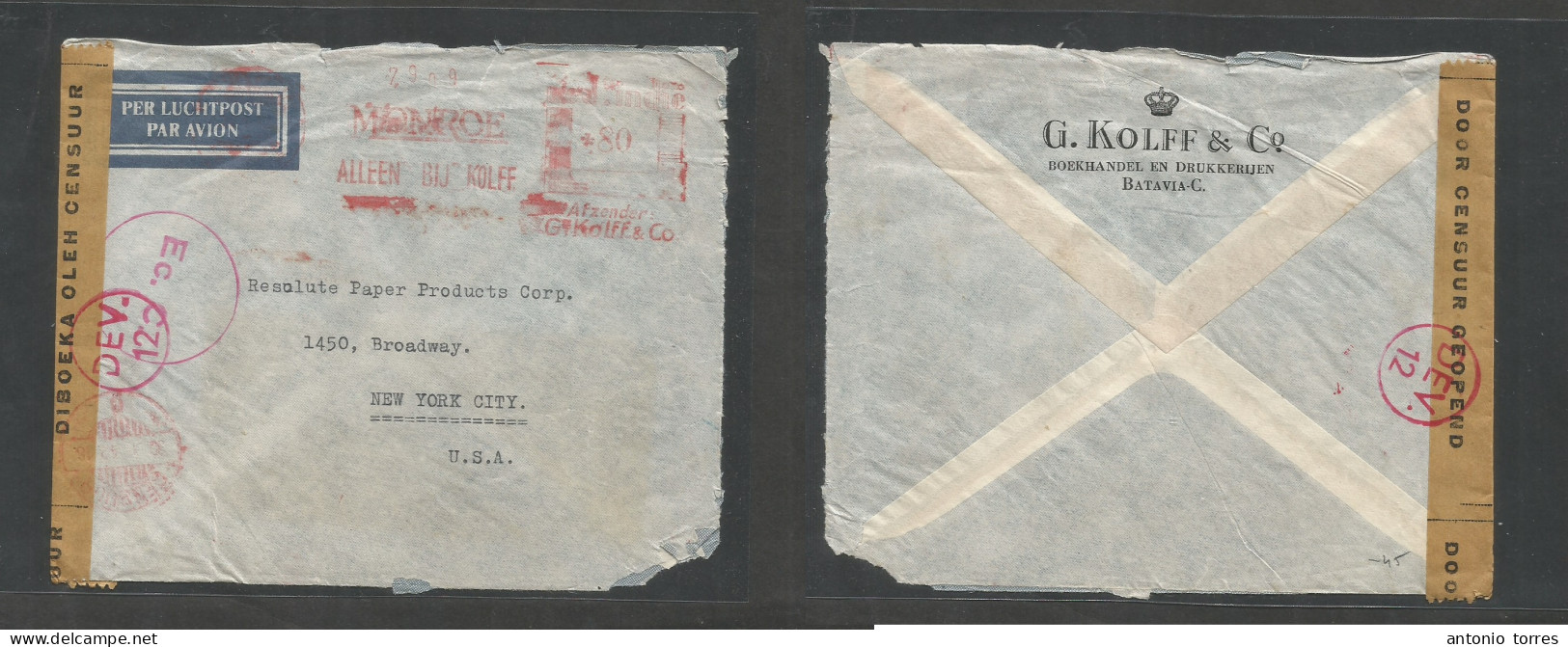 Dutch Indies. 1942 (30 Jan!) Batavia - USA, NYC. Comercial Machine Fkd Air Censored Envelope, Red Censor Cachet + Label. - Nederlands-Indië