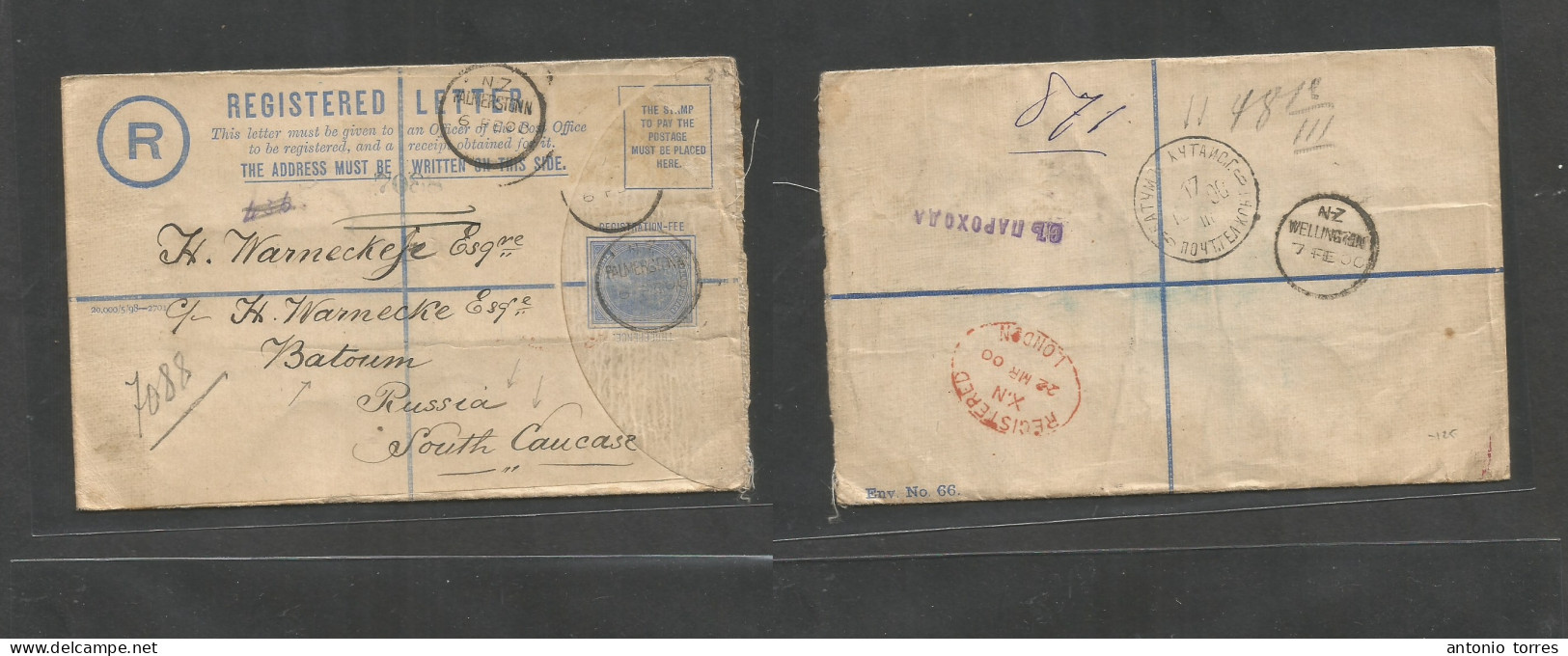 New Zealand. 1900 (6 Feb) Palmerston - Batoum, South Caucase, Rusia (17 March, Gregorian) Registered 3d Blue Stat Envelo - Autres & Non Classés