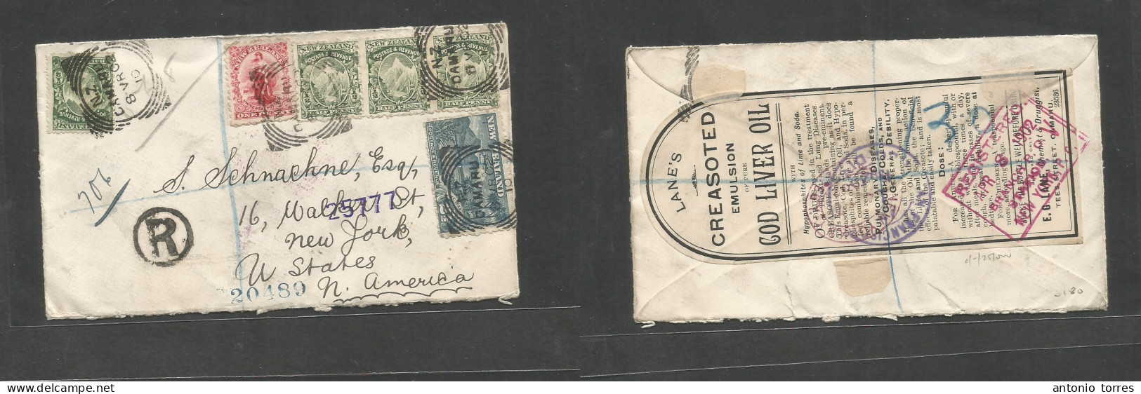 New Zealand. 1910 (8 VR = March) Damaru - USA, NY (Apr 8) Via San Francisco. Registered Multifkd Envelope. VF Usage + Ti - Otros & Sin Clasificación