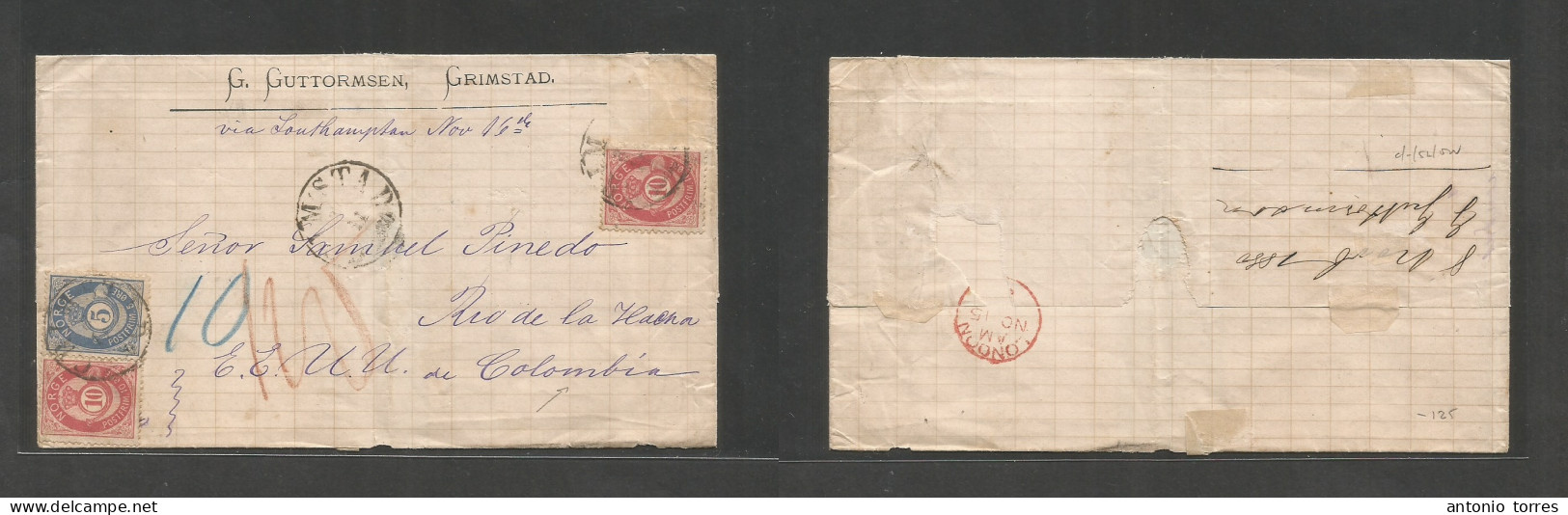 Norway. 1880 (8 Nov) Grimstad - Colombia, Rio Hacha, South America Via London (15 Nov) Multifkd Env (further Stamp Missi - Autres & Non Classés