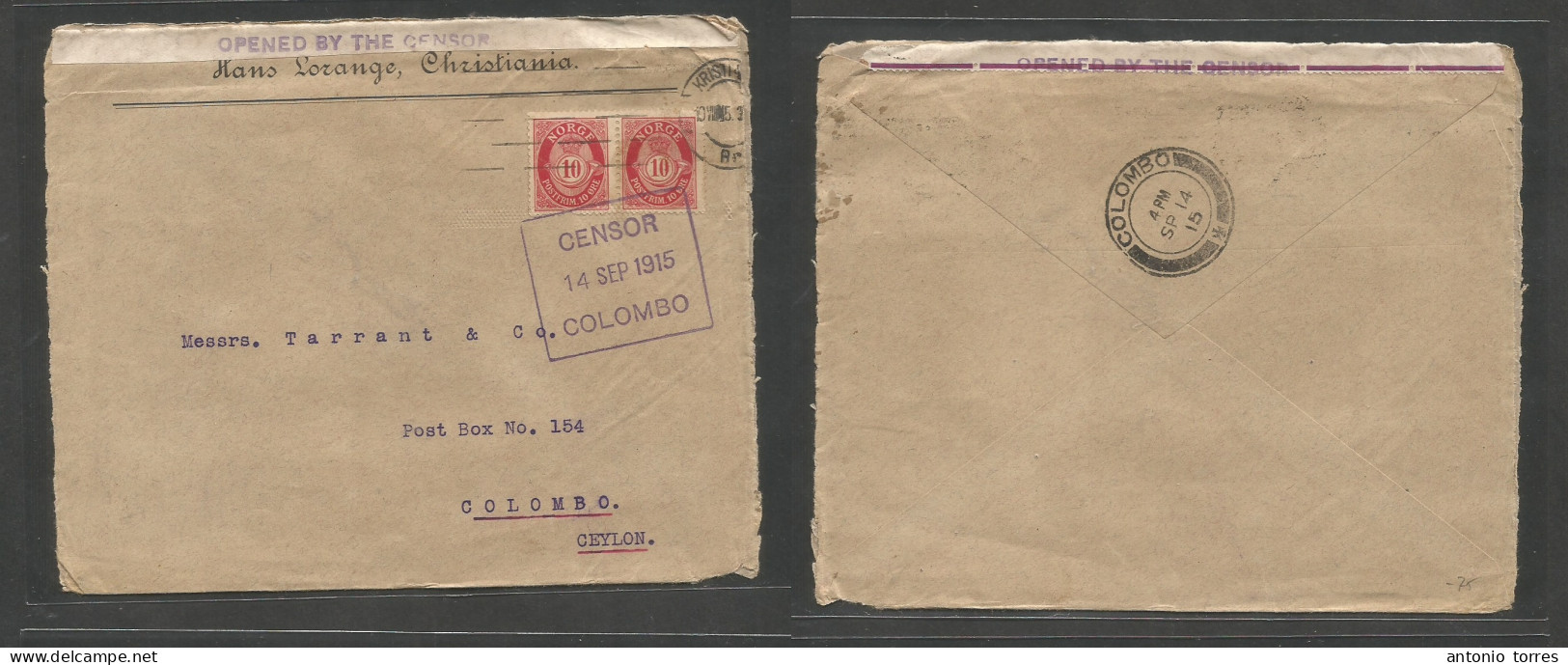 Norway. 1915 (10 Aug) Christiania - Ceylon, Colombo, Indian Ocean (14 Sept) Multifkd Comercial Envelope At 20 Ore Rate, - Autres & Non Classés