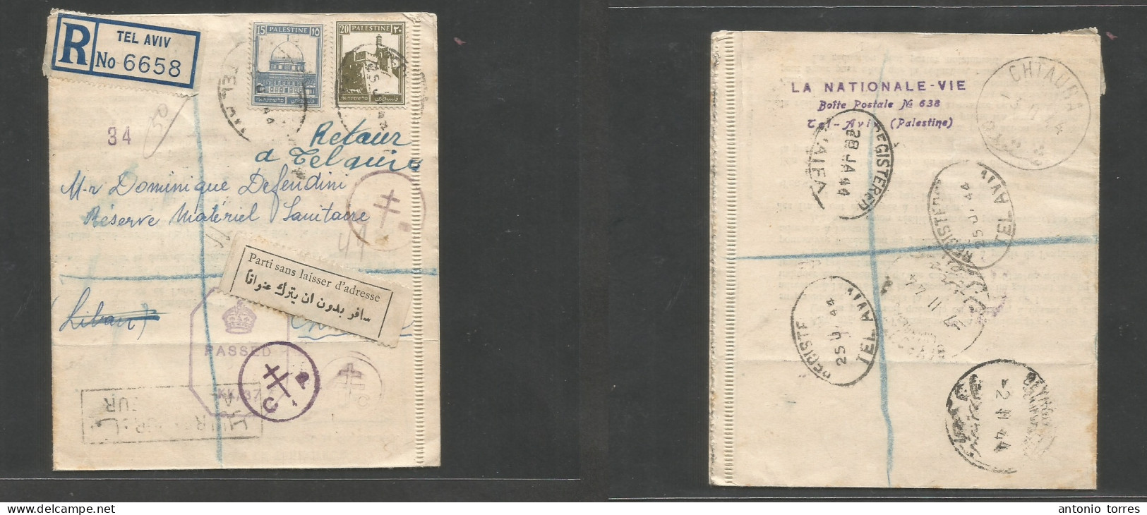 Palestine. 1944 (25 Jan) Tel Aviv - Ohtauba, Lebanon (3 Feb) Registered Multifkd The Times Censor + Labels + R-cachet, R - Palästina