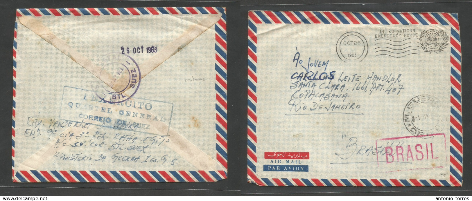 Palestine. 1963 (Oct 26) EGYPT - BRAZIL - SUEZ CRISIS. Rafah - Rio De Janeiro, Brazil. FM Air UNO Free Mail Envelope Wit - Palestina