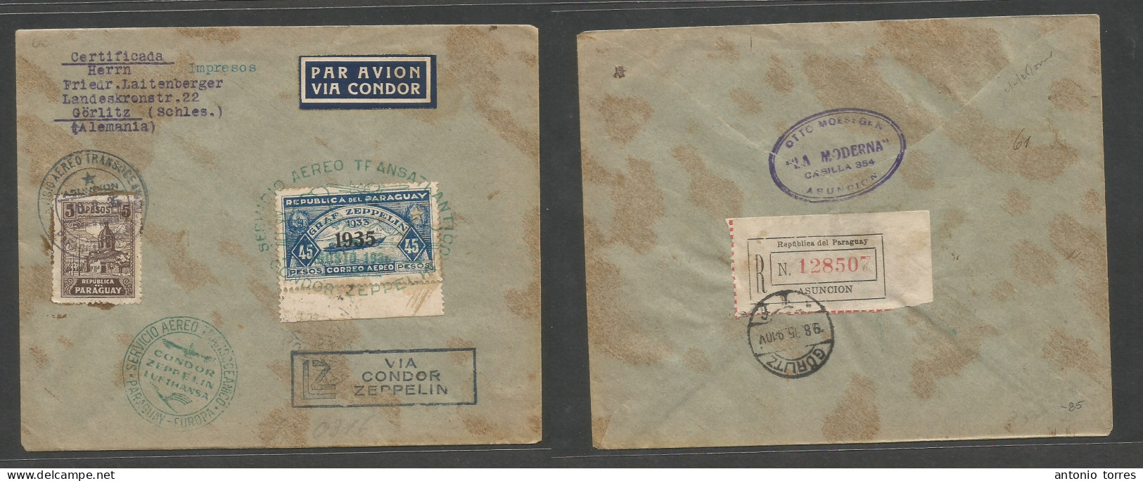 Paraguay. 1935 (1 Aug) Asuncion - Germany, Gorlitz (9 Aug) Registered Pm Multifkd Env. Via Condor Zeppelin With Special - Paraguay