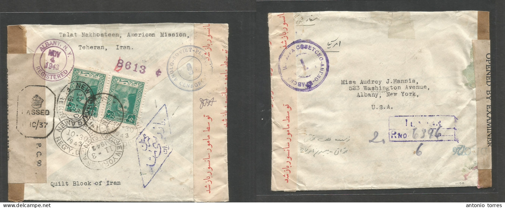 Persia. 1943. Teheran - USA, Albany, NY (4 Nov) Registered Reverse Multifkd Envelope With Depart Censor Label + Cachet A - Iran