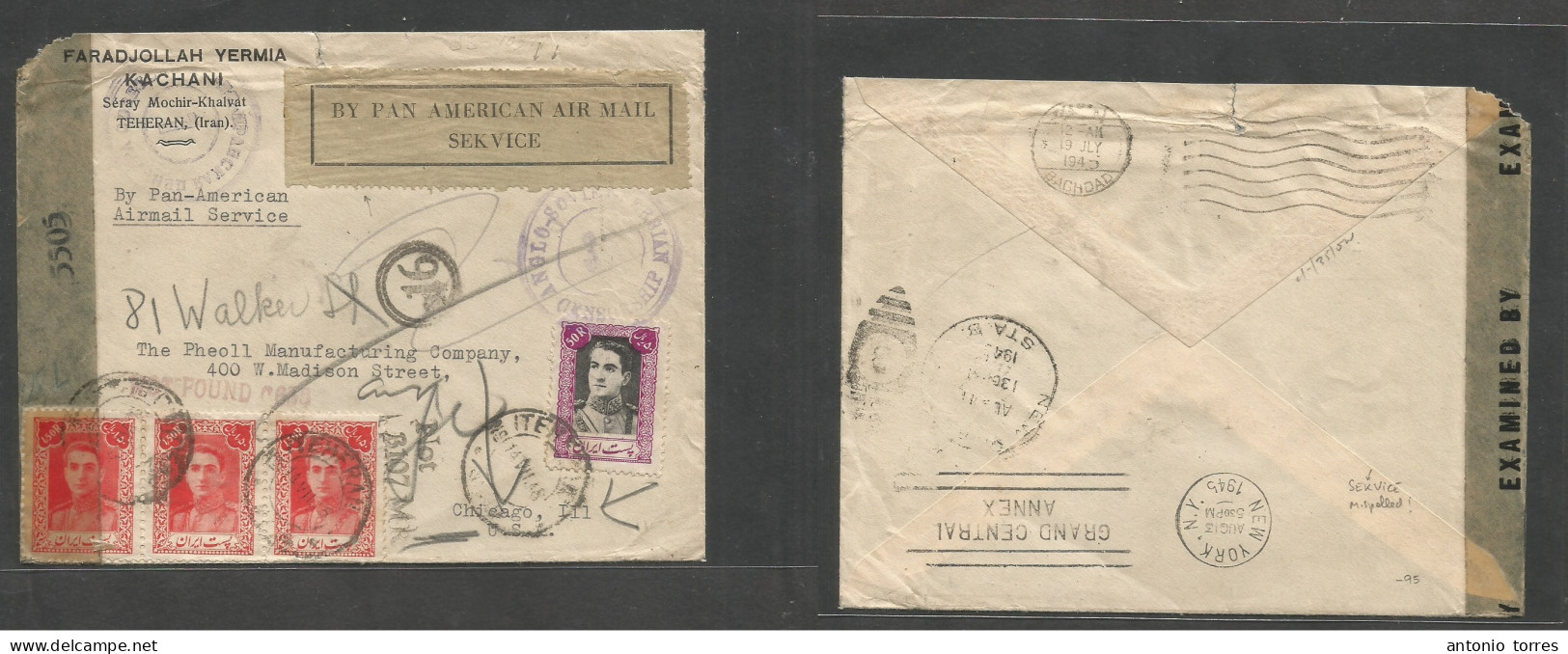 Persia. 1945 (14 July) Teheran - USA, Chicago (13 Aug) "Pan American Air Mail SeKvice" Label (xxx/R) (spelling Typo Erro - Iran