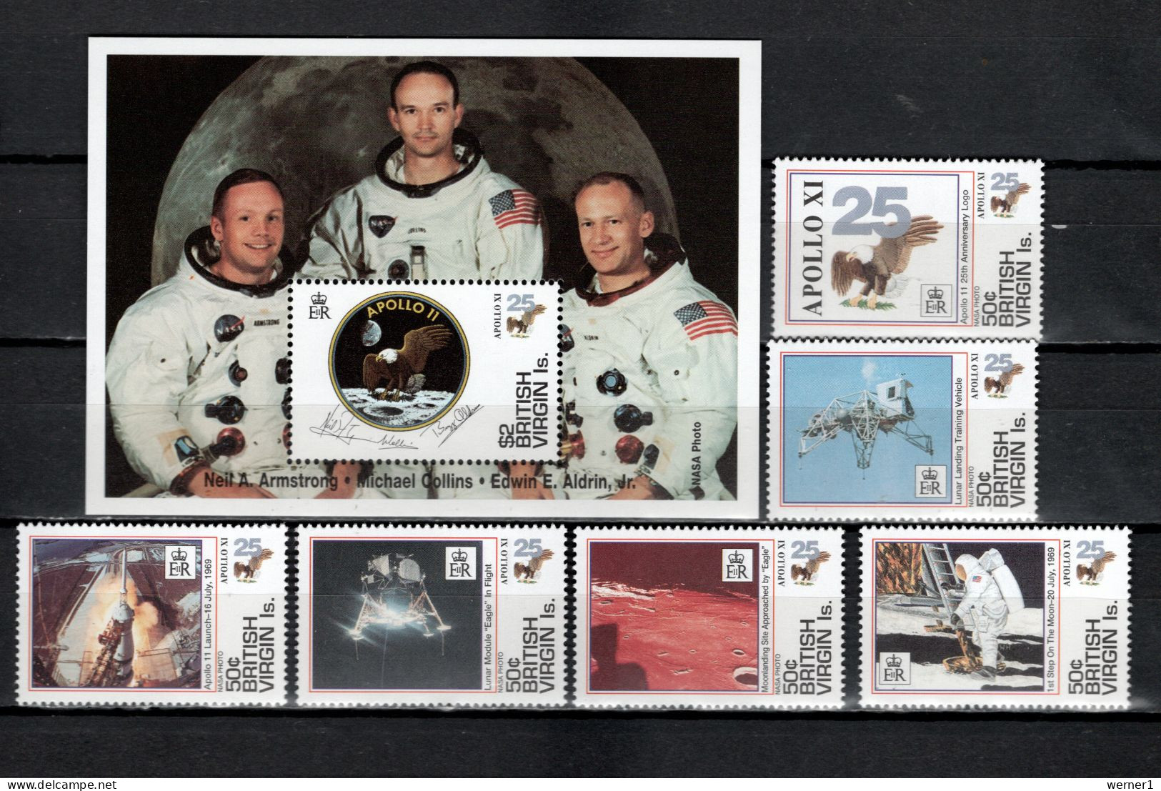 British Virgin Islands 1994 Space, Apollo 11 Moonlanding 25th Anniversary Set Of 6 + S/s MNH - North  America