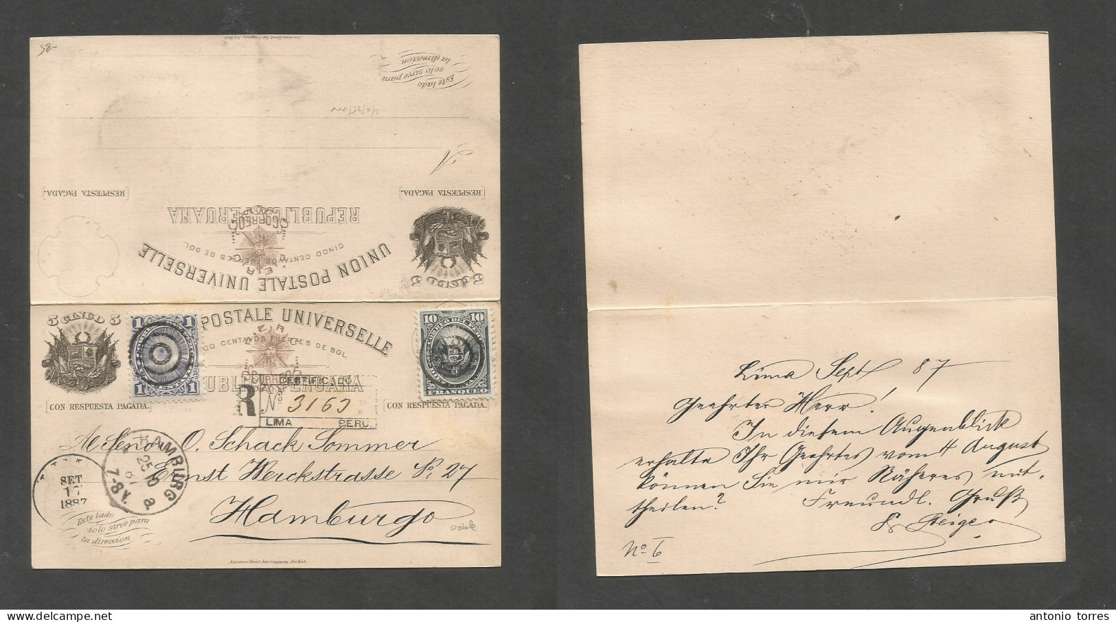 Peru. 1887 (17 Sept) Lima - Germany, Hamburg (20 Oct) Registered Multifkd Doble 5c Black Illustrated Stat Card On Way Ou - Peru