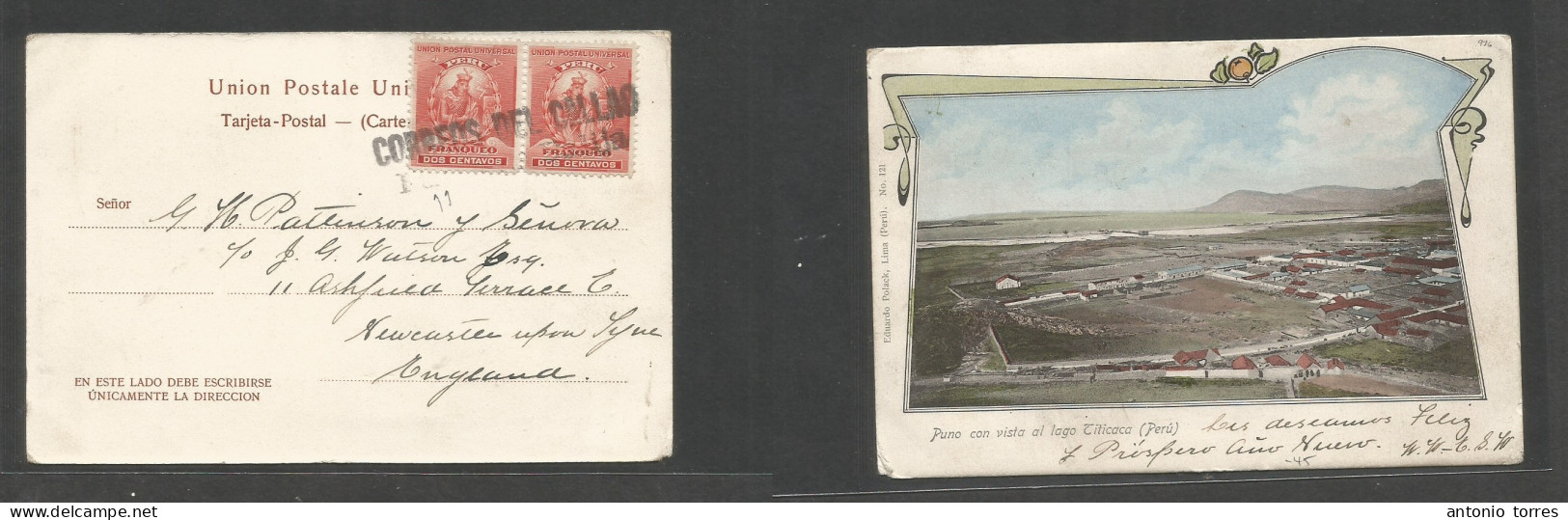 Peru. C. 1896-7. Callao - UK, Newcastle. Early Chronolitho Fkd Ppc, At 4c Rate, Cancelled Stline "Correos De Callao / Fu - Peru