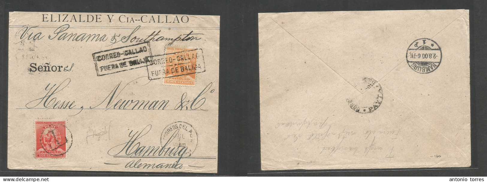 Peru. 1900 (2 July) Callao - Germany, Hamburg (2 Aug) Comercial Fkd Env At 20c + 2c + Taxed Adtls, Tied "Correo Callao/ - Pérou