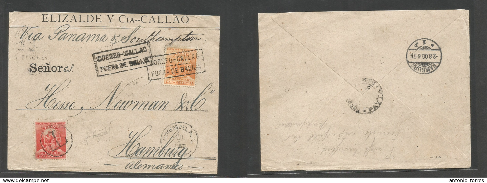Peru. 1900 (2 July) Callao - Germany, Hamburg (2 Aug) Comercial Fkd Env At 20c + 2c + Taxed Adtls, Tied "Correo Callao/ - Peru